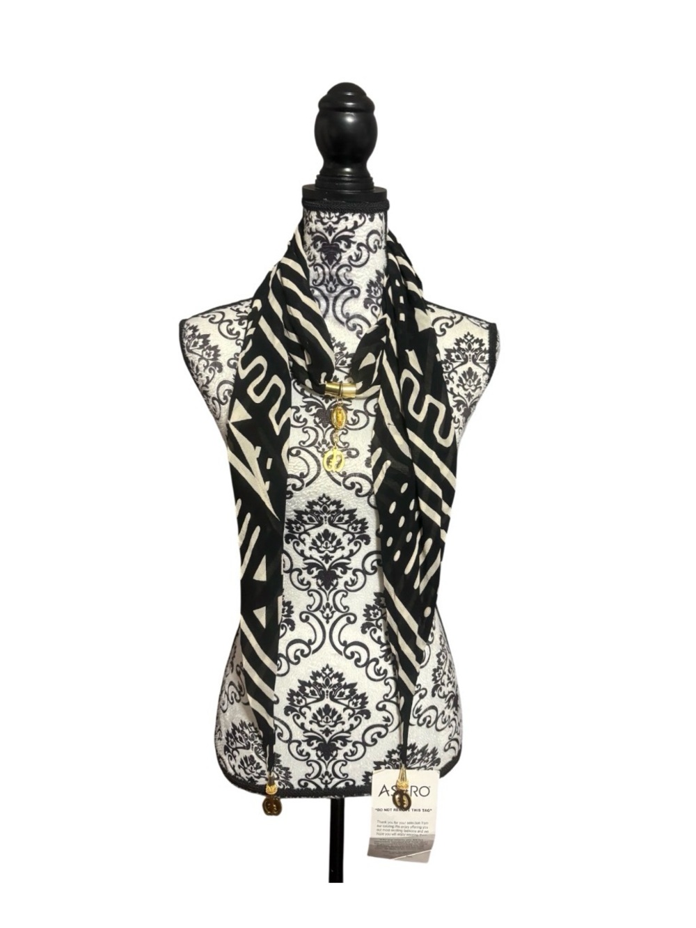 ASHRO Black & White Patterned Scarf with Gold Tone Charms